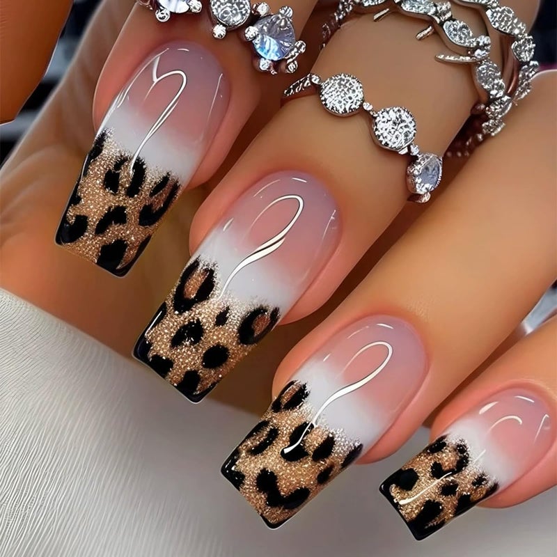 juggssa Long Coffin Press on Nails French Fake Nails Glossy Acrylic Press On Nails with Glitter Leopard Print Designs French Style Gradient Acrylic Full Cover Glue on Nails Long False Nails for Women 24PCS - Image 1